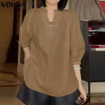 VONDA женская летняя свободная блузка с воротником-стойкой и короткими рукавами и завязками на пуговицах