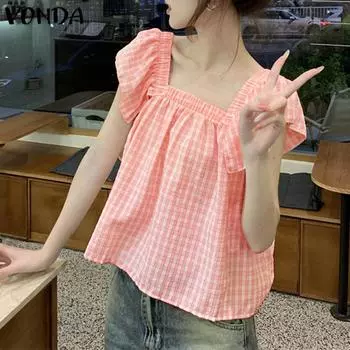 VONDA женская летняя свободная блузка в клетку с лацканами и листьями лотоса с короткими рукавами