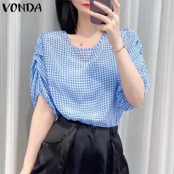 VONDA женская летняя свободная блузка в клетку с круглым вырезом и короткими рукавами, сплошной цвет