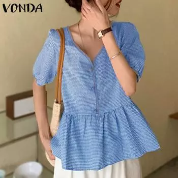 VONDA женская летняя свободная блузка в клетку с v-образным вырезом и короткими рукавами, свободная блузка с рюшами и подолом