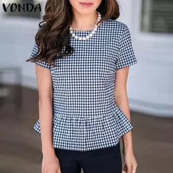 VONDA Женская летняя свободная блузка в клетку с коротким рукавом и круглым вырезом, сплошной цвет