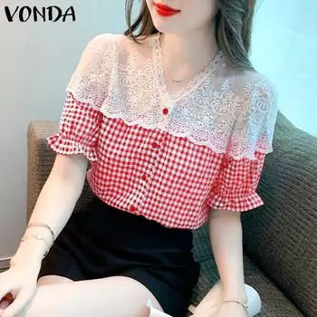 VONDA женская летняя свободная блузка в клетку с v-образным вырезом и пуговицами, сплошной цвет