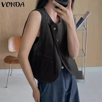 VONDA женская летняя свободная джинсовая блузка без рукавов с круглым вырезом и пуговицами