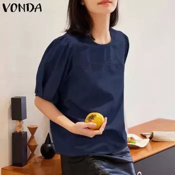 VONDA Женская летняя Свободная джинсовая блузка с круглым вырезом и короткими рукавами, однотонная, свободная