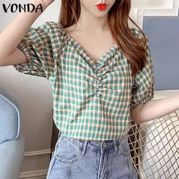 VONDA женская летняя свободная клетчатая блузка с v-образным вырезом и короткими рукавами и пуговицами 5XL зелёный