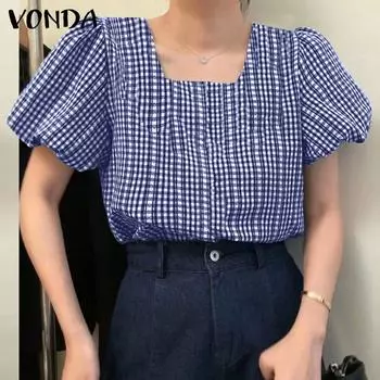 VONDA женская летняя свободная клетчатая блузка с квадратным вырезом и короткими рукавами