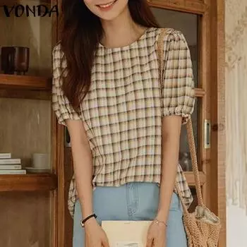 VONDA Женская летняя свободная клетчатая блузка с круглым вырезом и короткими рукавами
