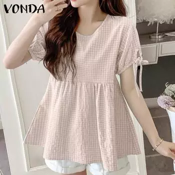 VONDA женская летняя свободная клетчатая блузка с круглым вырезом и короткими рукавами на талии