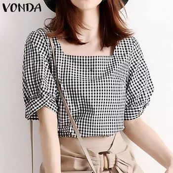 VONDA женская летняя свободная клетчатая блузка с квадратным вырезом и короткими рукавами S тёмно-синий