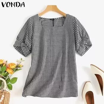 VONDA женская летняя свободная клетчатая блузка с квадратным вырезом и короткими рукавами S тёмно-синий