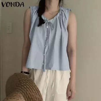 VONDA женская летняя свободная майка без рукавов с круглым вырезом и галстуком, однотонная