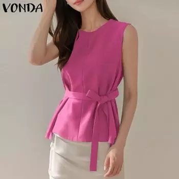 VONDA женская летняя свободная майка без рукавов с круглым вырезом и поясом, однотонная