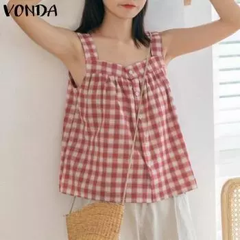 VONDA женская летняя свободная майка без рукавов с квадратным вырезом и накладными пуговицами, однотонная клетчатая рубашка на бретелях