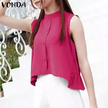 VONDA женская летняя свободная майка без рукавов с воротником-стойкой и рюшами на пуговицах 5XL хаки