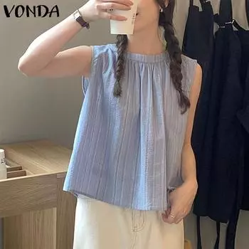 VONDA женская летняя свободная майка без рукавов в полоску с круглым вырезом, однотонная