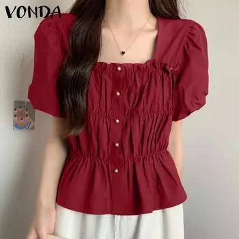 VONDA женская летняя свободная однотонная блузка с квадратным вырезом и короткими рукавами и пуговицами