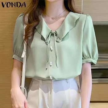 VONDA Женская летняя свободная однотонная блузка с короткими рукавами и лацканами с завязками-бабочками