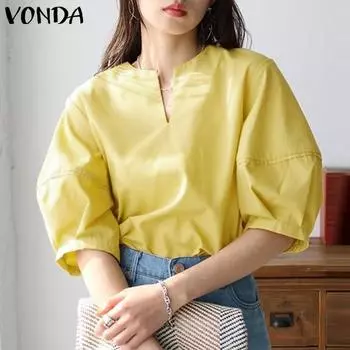 VONDA женская летняя свободная однотонная блузка с v-образным вырезом и круглыми рукавами средней длины