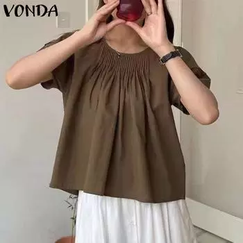 VONDA женская летняя свободная однотонная блузка в полоску с круглым вырезом и короткими рукавами
