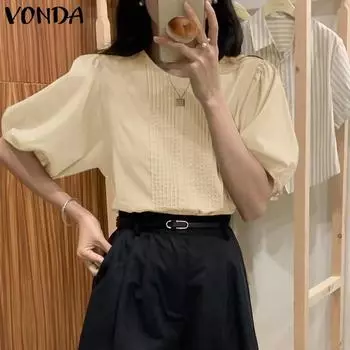 VONDA женская летняя свободная однотонная блузка в полоску с круглым вырезом и короткими рукавами