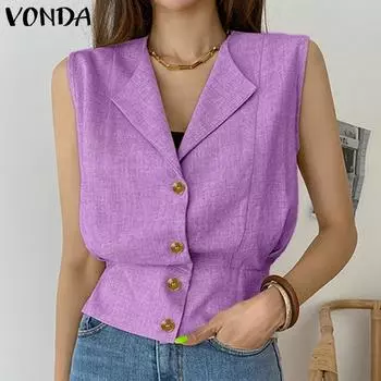 VONDA Женская летняя свободная однотонная рубашка без рукавов с v-образным вырезом и лацканами на пуговицах 5XL фиолетовый