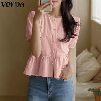 VONDA женская летняя свободная однотонная рубашка с круглым вырезом и короткими рукавами