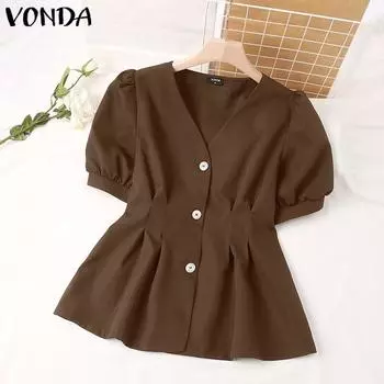 VONDA женская летняя свободная однотонная рубашка с v-образным вырезом и короткими рукавами на пуговицах