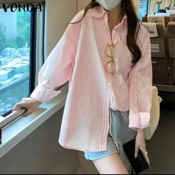 VONDA женская летняя свободная однотонная рубашка с воротником рубашки с длинными рукавами и карманами в полоску