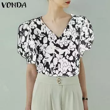 VONDA женская летняя свободная повседневная блузка с v-образным вырезом и короткими рукавами с принтом