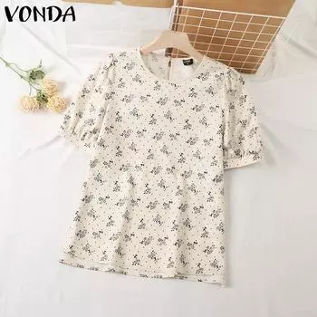VONDA женская летняя свободная прямая блузка с круглым вырезом и коротким рукавом с цветочным принтом