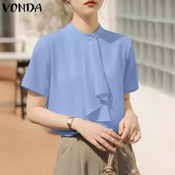 VONDA женская летняя свободная прямая блузка с воротником-стойкой и короткими рукавами на ленте