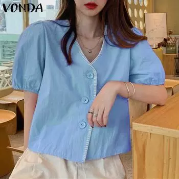 VONDA женская летняя свободная прямая кружевная рубашка с v-образным вырезом и короткими рукавами и пуговицами