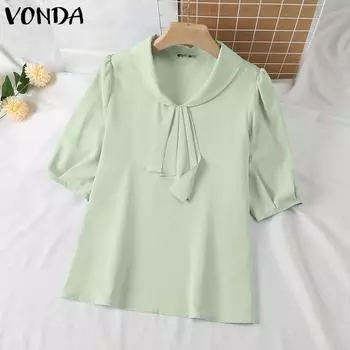 VONDA женская летняя свободная прямая рубашка с v-образным вырезом и короткими рукавами