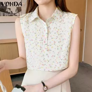 VONDA женская летняя свободная рубашка без рукавов с рубашечным воротником и цветочным принтом 5XL фиолетовый