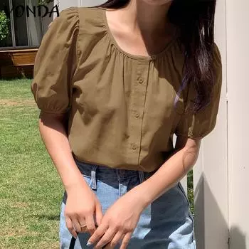 VONDA женская летняя свободная рубашка с круглым вырезом и короткими рукавами и пуговицами