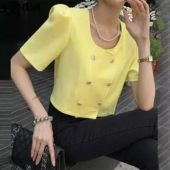 VONDA женская летняя свободная рубашка с круглым вырезом и коротким рукавом, двухрядная однотонная пуговица