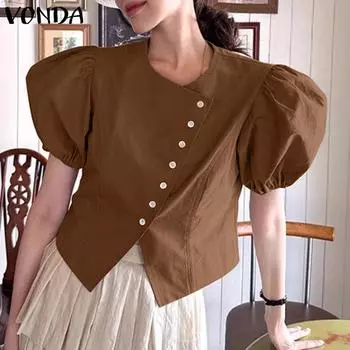 VONDA Женская летняя свободная рубашка с круглым вырезом и коротким рукавом с диагональной планкой и пуговицами 5XL ярко-розовый