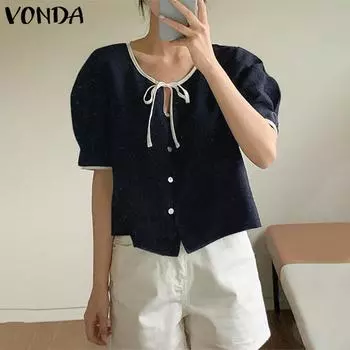 VONDA женская летняя свободная рубашка с круглым вырезом и накладными лацканами с короткими рукавами и цветными блоками