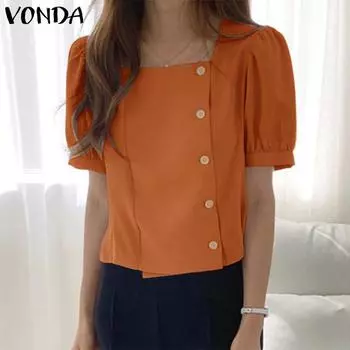 VONDA женская летняя свободная рубашка с квадратным воротником и короткими рукавами и пуговицами, сплошной цвет