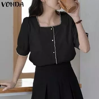 VONDA женская летняя свободная рубашка с квадратным воротником и пышными рукавами и пуговицами, однотонная