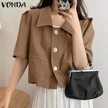 VONDA женская летняя свободная рубашка с отворотами и короткими рукавами и карманами на пуговицах