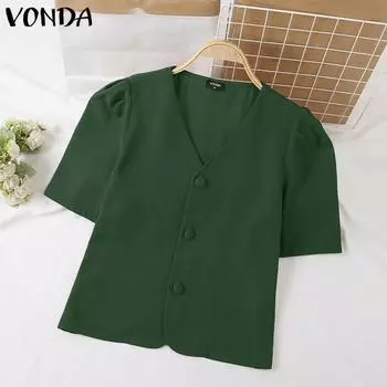 VONDA женская летняя свободная рубашка с v-образным вырезом и открытой планкой, с короткими рукавами и пуговицами