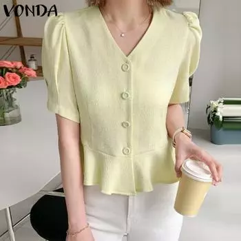 VONDA женская летняя свободная рубашка с v-образным вырезом и коротким рукавом на пуговицах в виде листьев лотоса