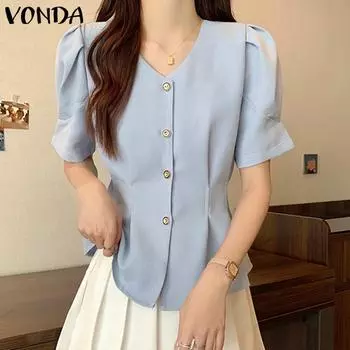 VONDA женская летняя тканевая однотонная свободная блузка с v-образным вырезом и короткими рукавами и пуговицами на талии