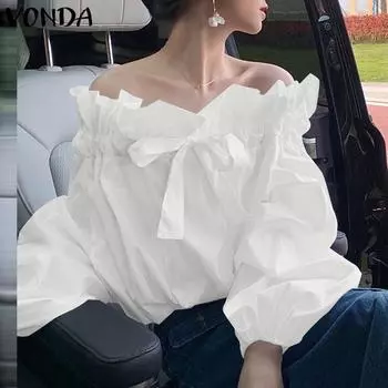 VONDA Женская мода блузки с длинным рукавом и оборками на плечах 4XL белый