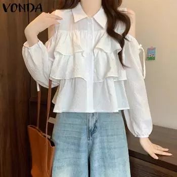 VONDA Женская мода блузки с открытыми плечами и длинным рукавом с оборками и многослойными воланами S белый