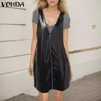 VONDA Женская мода искусственная кожа однотонные юбки на молнии с подтяжками S чёрный