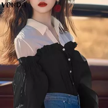 VONDA Женская мода контрастного цвета пэчворк рубашки с длинным рукавом M чёрный