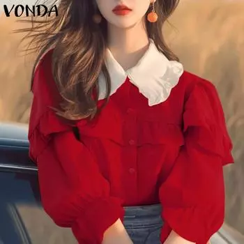 VONDA Женская мода Контрастные цветные рубашки с длинным рукавом и оборками на лацканах 2XL оранжевый