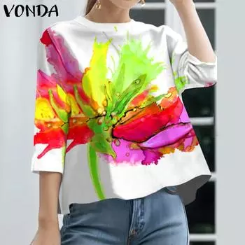 VONDA Женская мода Круглый вырез 3/4 рукава Цветочный принт Блузки 4XL белый